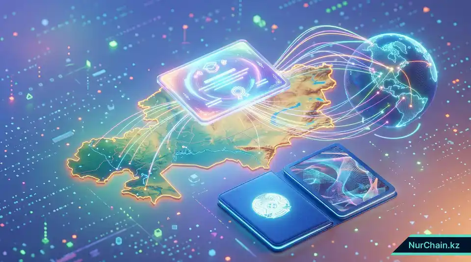 3D-иллюстрация цифрового диплома, соединяющего Казахстан с глобальной сетью, что символизирует международное признание.