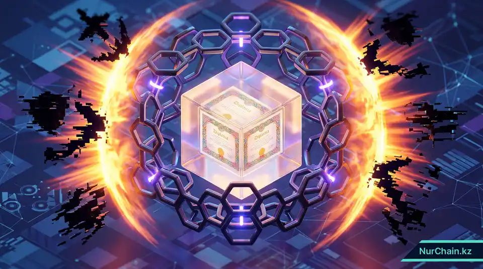 3D-графика защищенного цифрового документа, охраняемого цепями блокчейна и сияющим щитом от мошенничества.