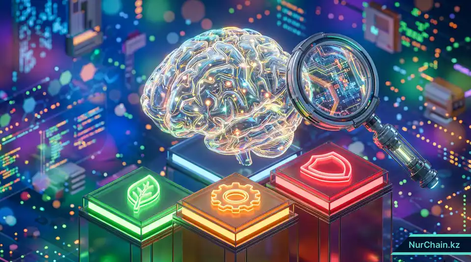 3D-графика, изображающая стеклянный ИИ-мозг, парящий над многоуровневыми платформами, что представляет классификацию рисков в образовании.