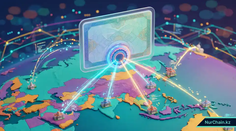 Цифровой сертификат диплома со светящейся печатью, парящий над картой мира и иллюстрирующий международное признание.