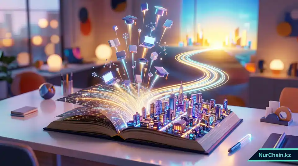 3D-иллюстрация бумажной книги, превращающейся в цифровой город, что символизирует программу «Цифровой Казахстан».