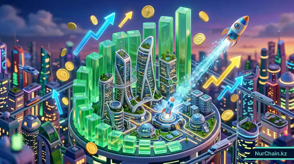 3D-гистограмма и футуристические здания, представляющие экономический рост и налоговые льготы в секторе EdTech.