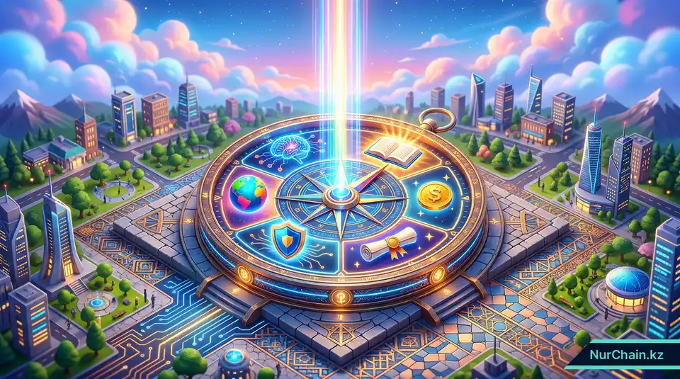 Итоговая 3D-иллюстрация с центральным компасом, указывающим на различные образовательные и технологические иконки.