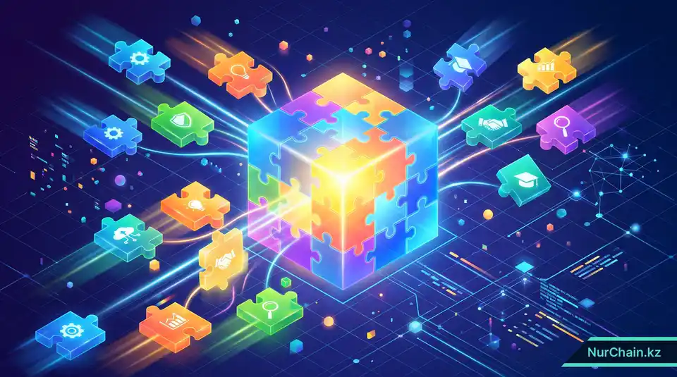 Изометрический 3D-вид разрозненных фрагментов пазла, соединяющихся в единый светящийся куб, который олицетворяет единый цифровой кодекс.