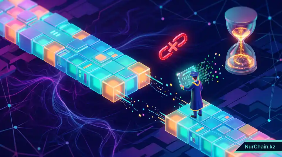 3D-сцена, изображающая разрушенный цифровой мост и распадающийся на пиксели документ, что символизирует риск технического устаревания.