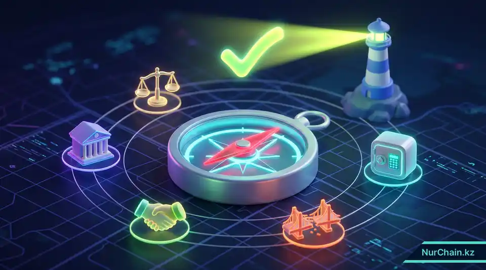 Итоговая 3D-инфографика с компасом и маяком в окружении иконок, представляющих юридические и технические концепции блокчейна.
