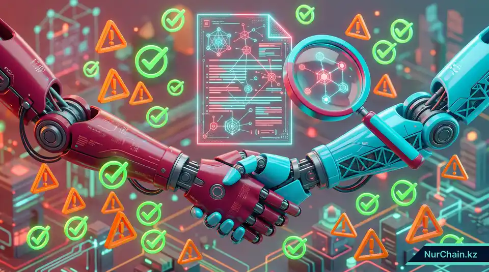 3D-визуализация рукопожатия и лупы, изучающей цифровой контракт для оценки ответственности сторонней платформы.