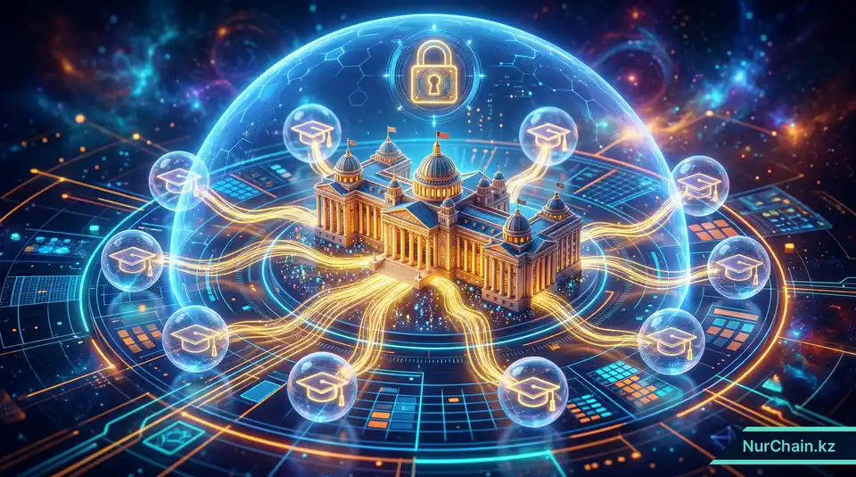 3D-инфографика здания университета как центрального узла, управляющего защищенными сферами данных под защитным щитом.