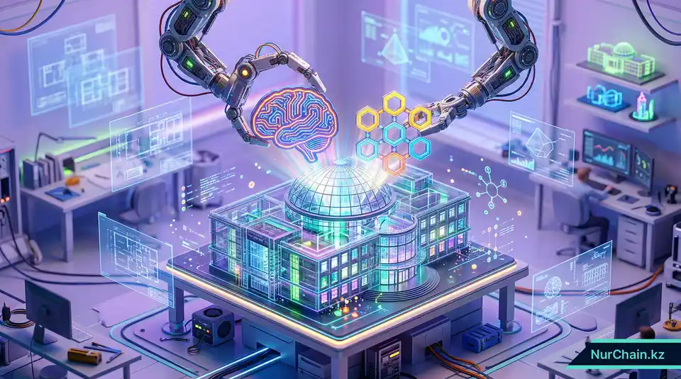 3D-модель школы, интегрирующая иконки ИИ и блокчейна, представляющая структуру образования на 2025–2029 годы.