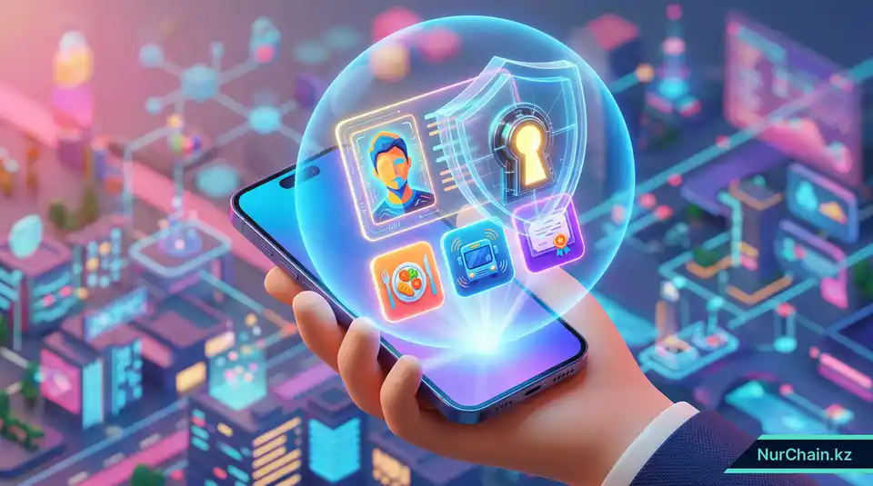 Смартфон, проецирующий защищенное цифровое удостоверение и академические сервисы, иллюстрирующий концепцию суверенной личности и цифровых кошельков.