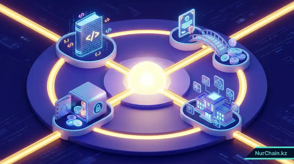 Комплексная 3D-инфографика, резюмирующая план законодательных реформ для цифровой системы образования Казахстана.