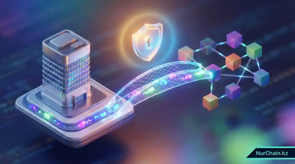 3D-визуализация офисной системы, подключающейся к сети блокчейн через сияющий цифровой мост.