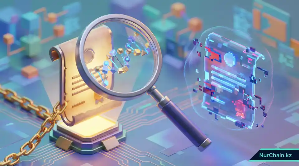 Увеличительное стекло проверяет подлинные и фальшивые цифровые документы с помощью верификации в блокчейне.