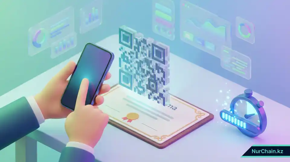 Смартфон сканирует QR-код на цифровом дипломе рядом с секундомером, показывающим высокую скорость.