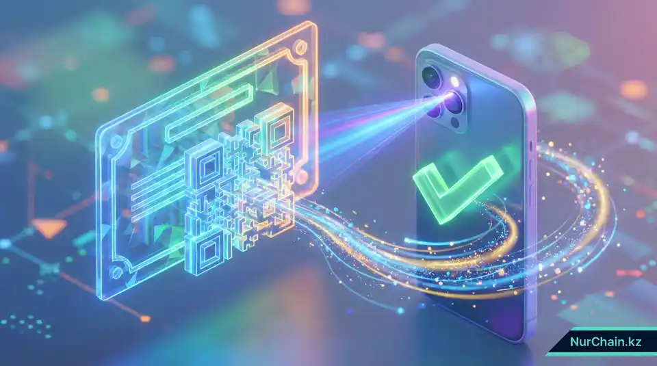 Смартфон сканирует QR-код на цифровом NFT-дипломе; светящаяся зеленая галочка подтверждает успешную проверку.