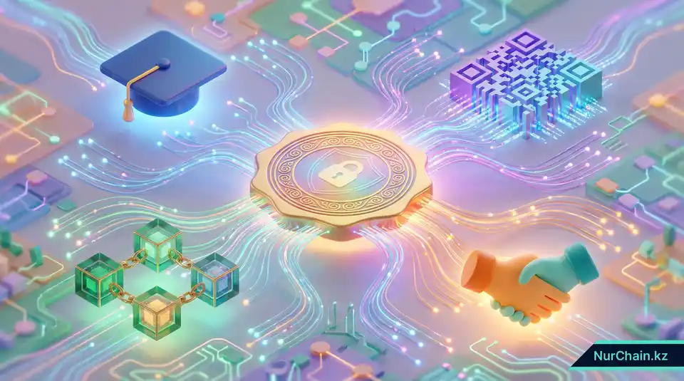 Итоговая инфографика с центральной печатью доверия и окружающими её иконками, представляющими блокчейн-документы и безопасную проверку.