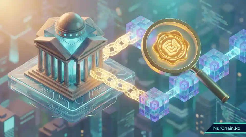 3D-рендер здания университета, подключенного к блокчейну через увеличительное стекло для проверки организации-эмитента.