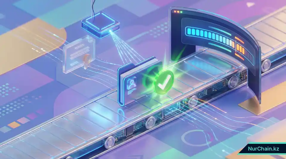 3D-конвейер, представляющий автоматизированный рабочий процесс HR, где цифровые дипломы сканируются и проверяются мгновенно.