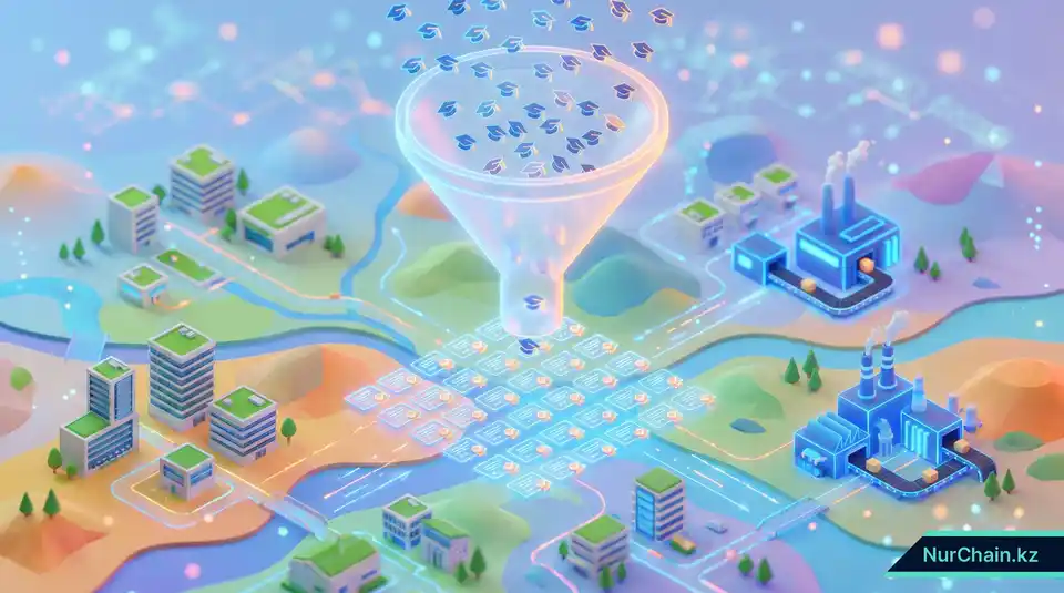 Изометрическая 3D-карта, показывающая массовую обработку цифровых дипломов через высокоэффективный сканер для крупномасштабного рекрутинга.