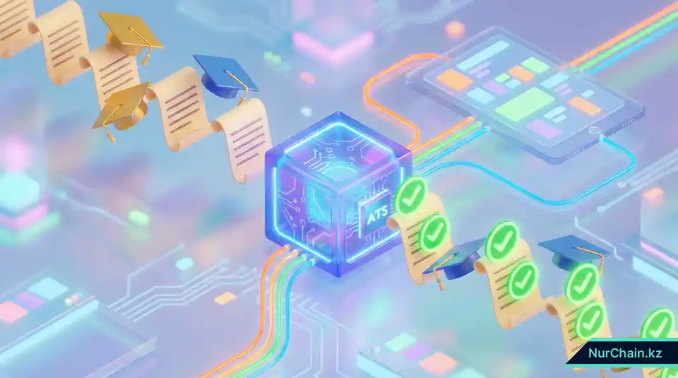 3D-визуализация HR-системы ATS, интегрированной с цифровым реестром для мгновенной проверки документов об образовании с помощью зеленых галочек.
