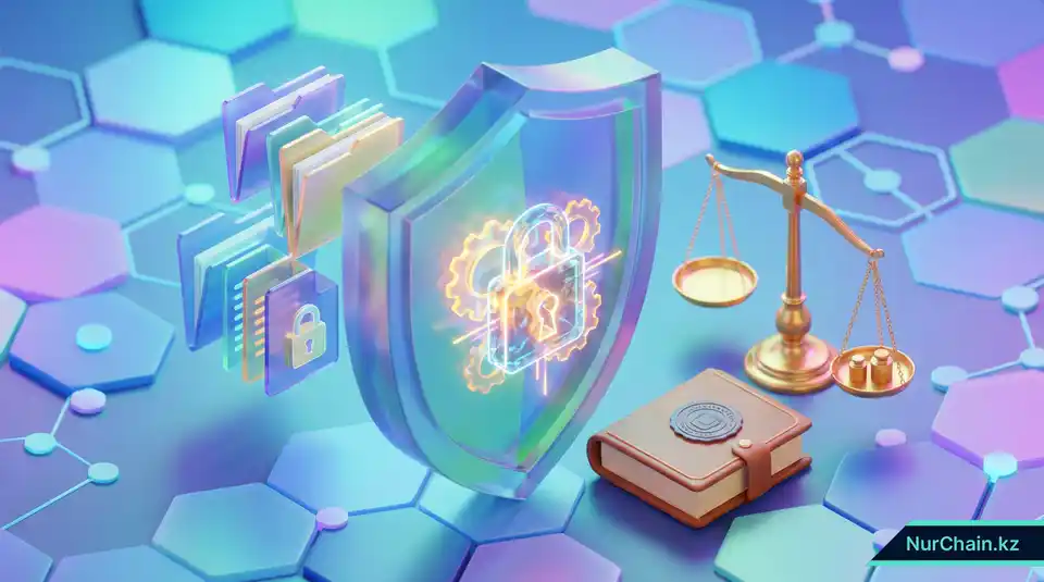 Графика безопасности и юридического соответствия с изображением цифрового щита, замка и весов правосудия для защиты данных.
