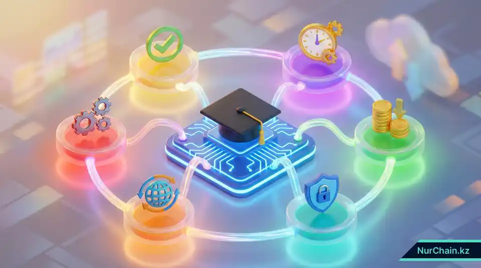 Круговая 3D-инфографика, резюмирующая преимущества интеграции NFT, включая скорость, безопасность и автоматизацию.
