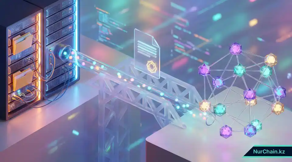 Техническая 3D-схема архитектуры, показывающая мост данных между традиционной HR-базой данных и блокчейн-сетью.