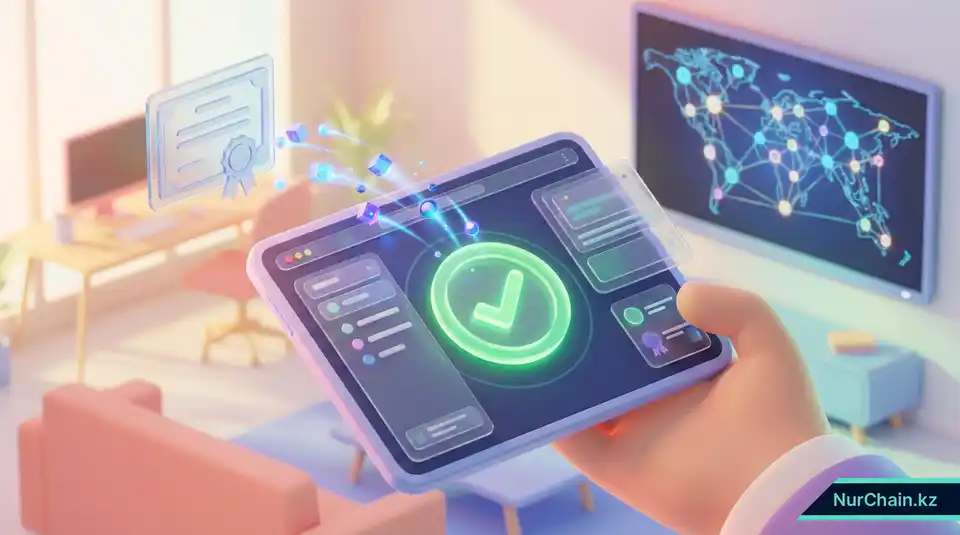 3D-рендер: HR-менеджер мгновенно проверяет NFT-диплом на планшете с появлением зеленой галочки и потоком данных.