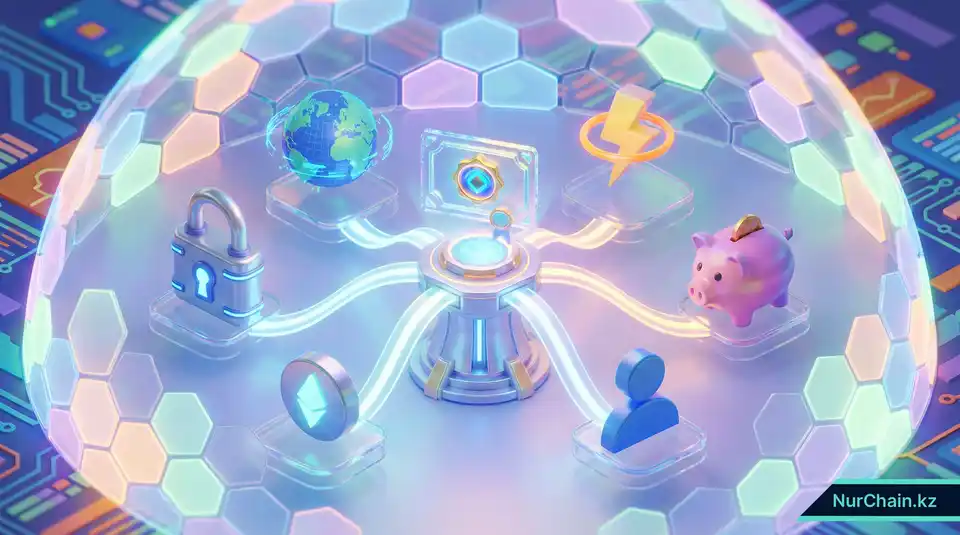 Комплексная 3D-инфографика, резюмирующая преимущества NFT-дипломов, включая безопасность, конфиденциальность и глобальную мобильность.