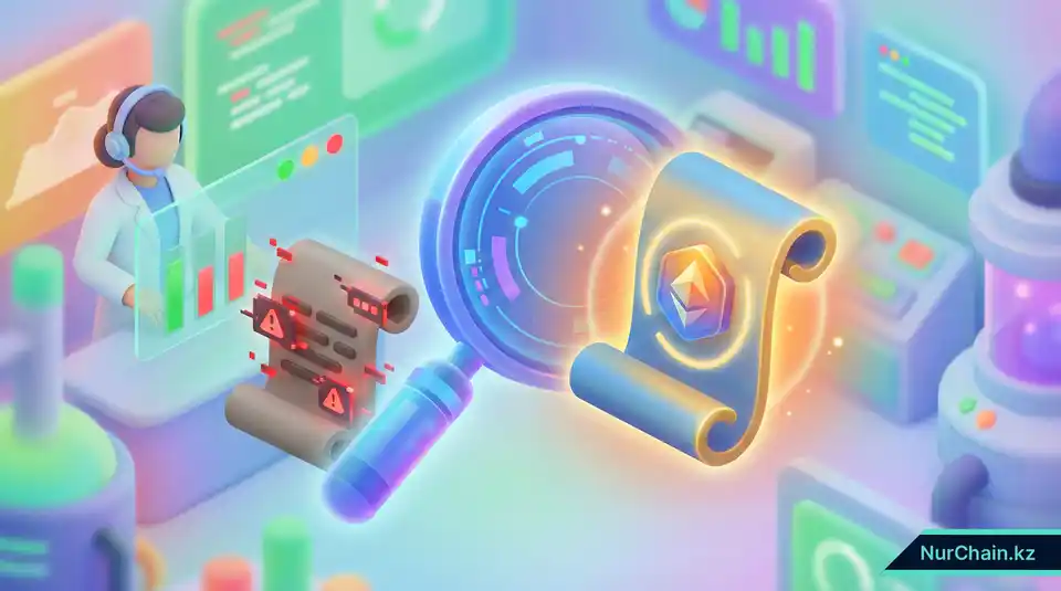 3D-иллюстрация: рекрутер использует увеличительное стекло, чтобы отличить поддельный диплом с цифровыми помехами от подлинного сияющего NFT-документа.