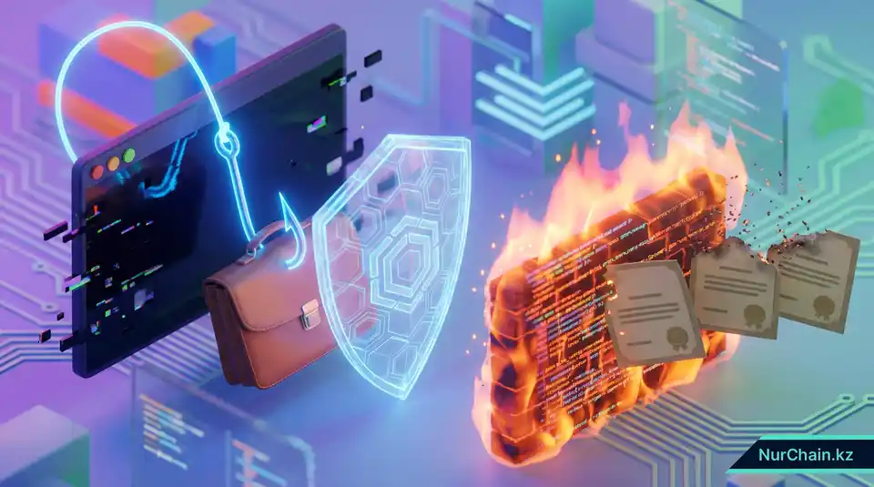 3D-графика, изображающая схемы мошенничества при найме, такие как фишинг и визуальное клонирование, которые блокируются защитными экранами.