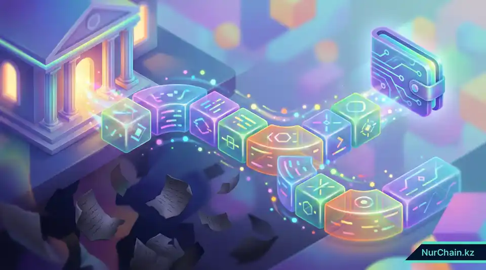 Изометрический 3D-вид моста из адресов смарт-контрактов, соединяющего университет с цифровым кошельком и олицетворяющего первоисточник доверия.