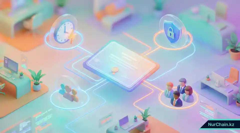 3D-инфографика, изображающая центральный цифровой диплом в окружении иконок скорости, безопасности и профессиональных талантов.