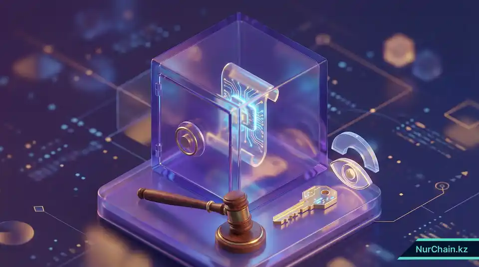 3D-визуализация цифрового стеклянного хранилища и судейского молотка, представляющая конфиденциальность данных и соблюдение нормативных требований.