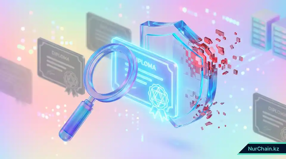 Цифровая лупа, идентифицирующая подлинный диплом с сияющей печатью, что олицетворяет предотвращение мошенничества и качество талантов.