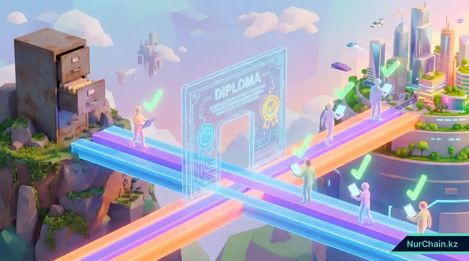 3D-мост из света, соединяющий старый офис с футуристическим городом и символизирующий переход к доверию в цифровом рекрутинге.