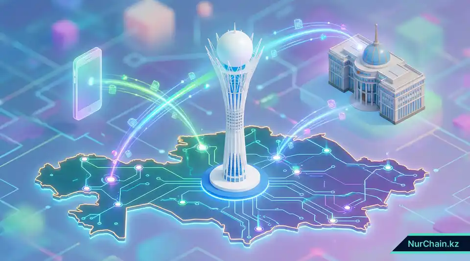 3D-карта Казахстана в виде цифровой печатной платы, соединяющей достопримечательности, смартфоны и университеты.