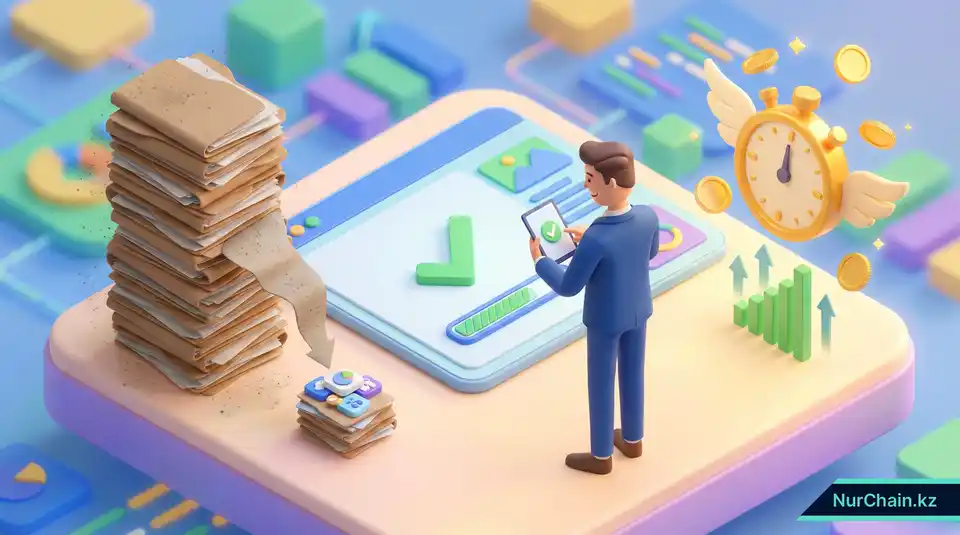 3D-иллюстрация уменьшающейся стопки бумаги и быстрого секундомера с растущими монетами, символизирующая сокращение затрат и времени на найм.