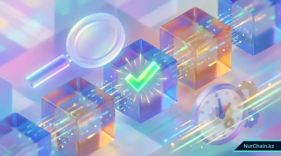 3D-визуализация блокчейн-эксплорера, выполняющего поиск по блокам данных для мгновенной проверки документа, отмеченного зеленой галочкой.