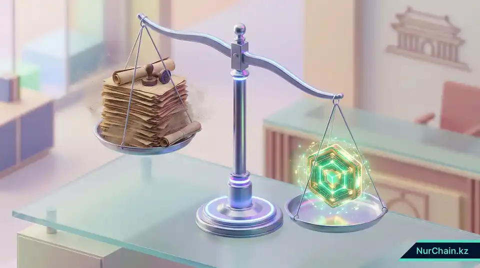 3D-инфографика, сравнивающая преимущества цифровой NFT-верификации с традиционным бумажным документооборотом в отделе кадров.