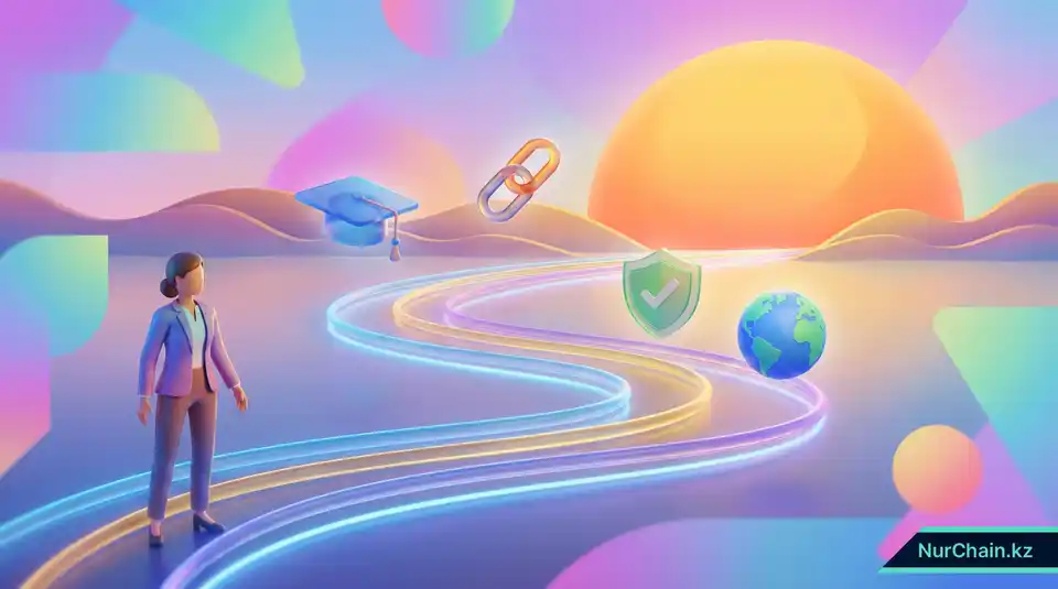 Итоговая 3D-иллюстрация цифрового пути, ведущего к будущему с безопасной и мгновенной проверкой академических документов.