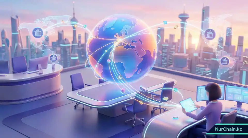 3D-инфографика, изображающая HR-специалиста в Казахстане, проверяющего международные NFT-дипломы через глобальную цифровую сеть.