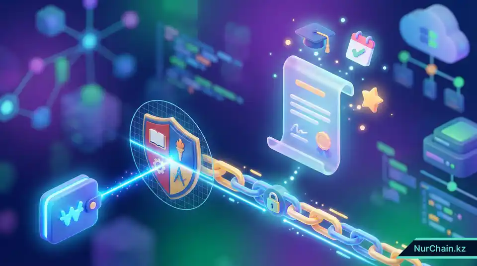 3D-графика, демонстрирующая проверку академических метаданных и подлинности университета-эмитента через сканирование цифрового кошелька.