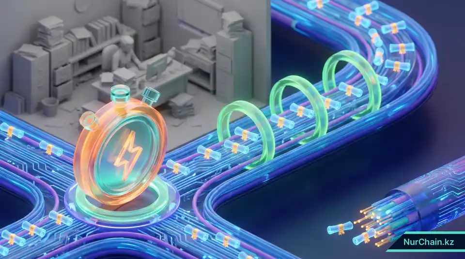 Концептуальная 3D-сцена, изображающая цифровые дипломы, движущиеся по скоростной магистрали верификации, что символизирует ускорение найма.