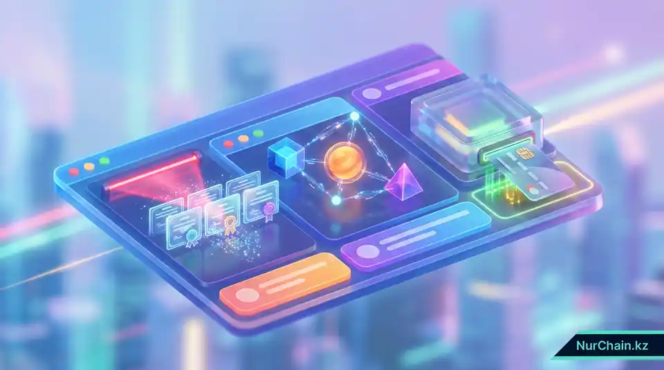 3D-визуализация панели управления цифровыми документами, подключающейся к нескольким блокчейн-сетям для одновременной верификации.