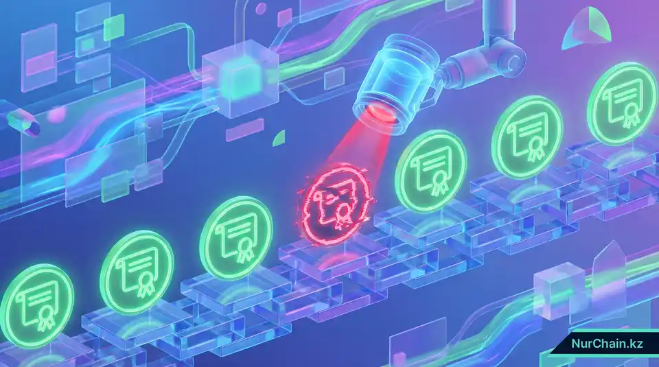 3D-инфографика, демонстрирующая цифровой инструмент контроля, выявляющий поддельное резюме среди подлинных документов, подтвержденных блокчейном.