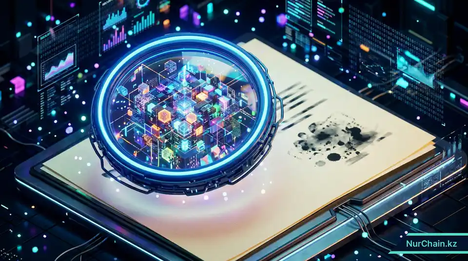 3D-иллюстрация с цифровым щитом и увеличительным стеклом, подчеркивающая различия в безопасности между бумажными документами и верификацией через блокчейн.