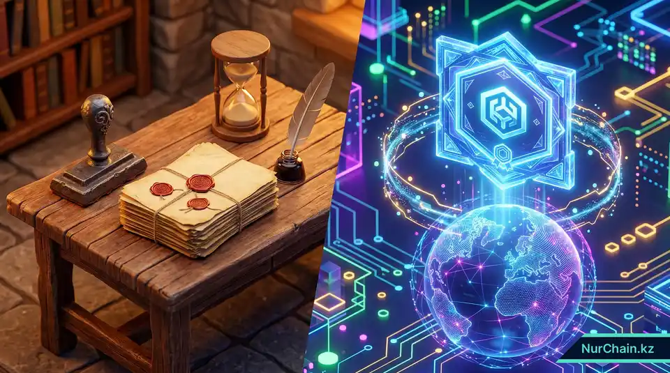 3D-сравнение традиционных бумажных апостилей с физическими печатями и современных NFT-дипломов, защищенных технологией блокчейн.