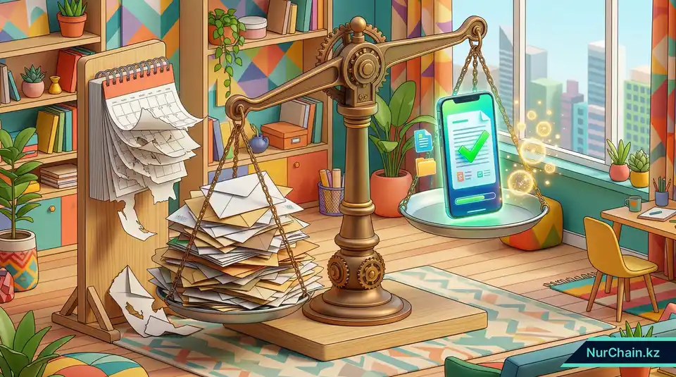 3D-инфографика, демонстрирующая скорость и преимущества экономии средств при цифровой легализации документов по сравнению с медленными физическими процессами.