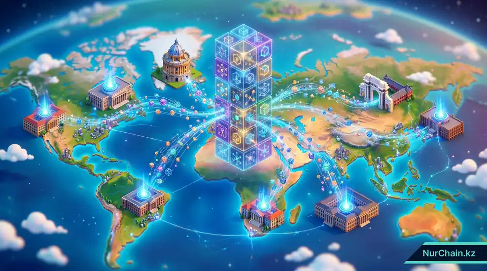 Изометрический 3D-вид глобальной сети университетов, внедряющих технологию блокчейн для верификации документов.